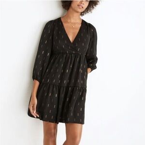 Madewell Metallic Jacquard Tiered Long Sleeve Dress Women’s Small Black Gold